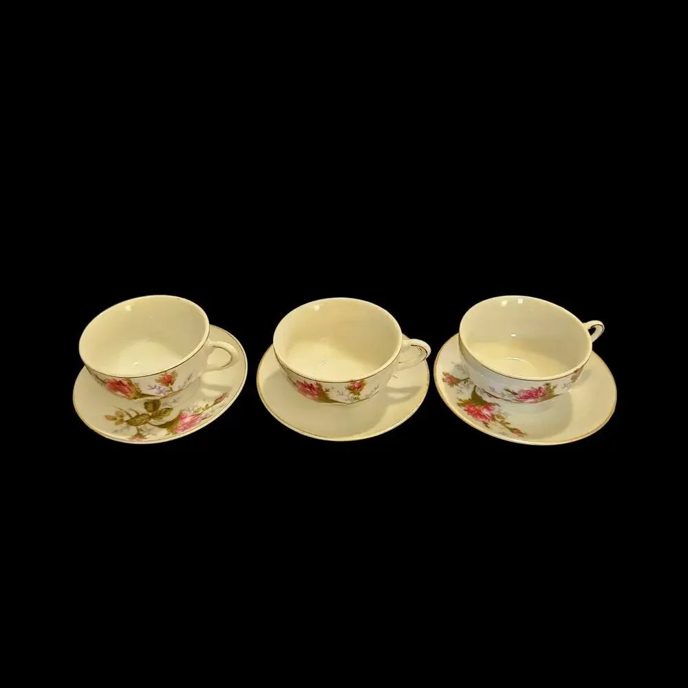 Vintage Japanese Porcelain Floral Teacup & Saucer Set of 3 Pink Roses Gold Trim